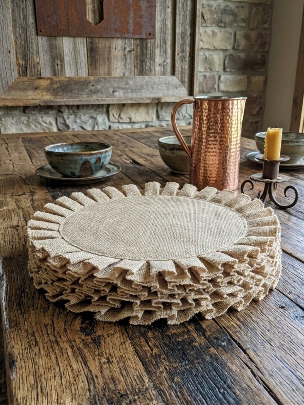 6pc Set Round Burlap Placemats 15" Natural Beige Ruffled Rustic Woven Table Mats